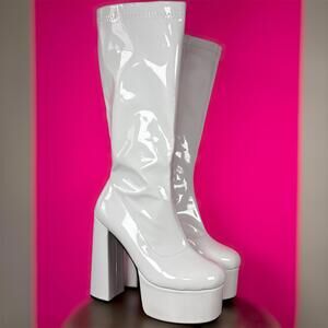 White Patent Go-go Chunky Block Heel Go-go Tall Platform Boot EU 38